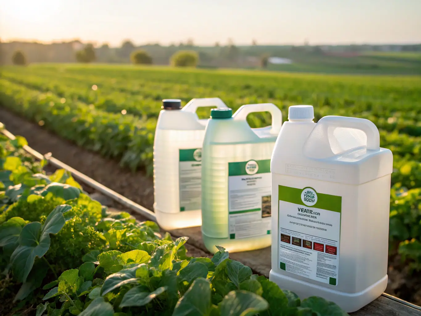 A close-up image of various Flo Nutrients liquid fertilizer products in transparent containers, highlighting their clear and pure composition, set against a backdrop of a thriving agricultural landscape.