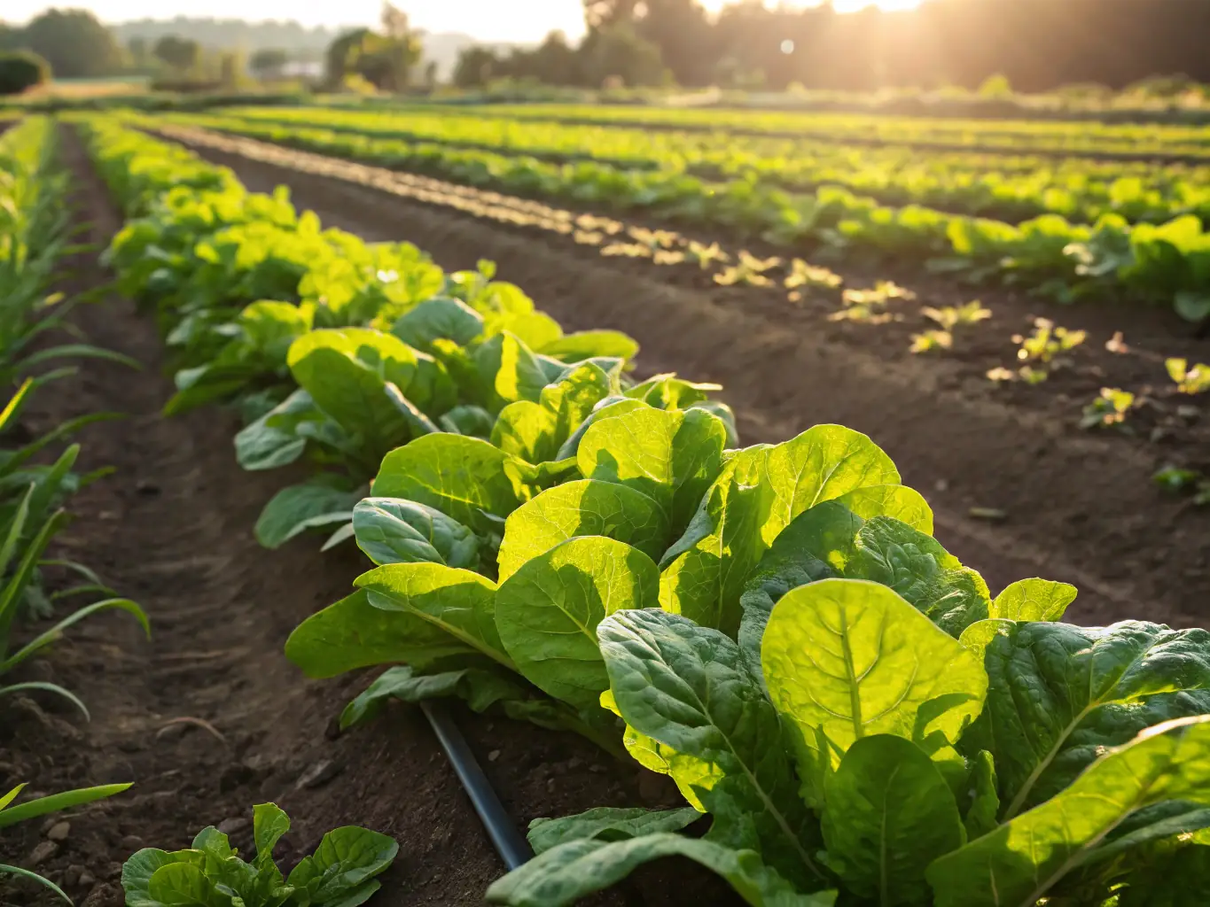 A vibrant image showcasing a field of healthy crops being nourished by Flo Nutrients liquid fertilizers, with a focus on the lush greenery and overall plant health.